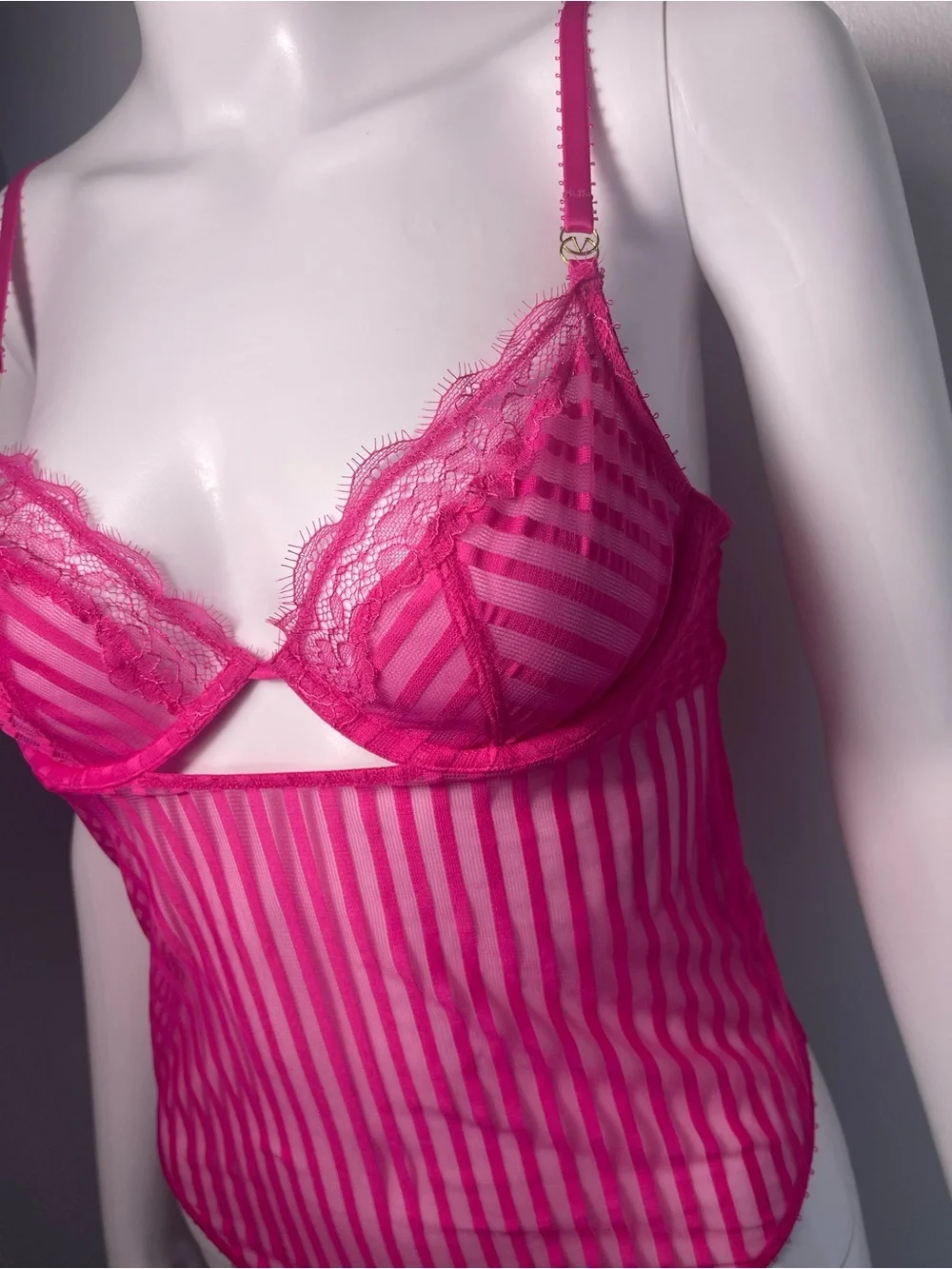 Victoria's Secret Women’s Fuchsia Striped Lace-Trim Bodysuit 100% Cotton Size SP